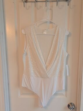 VENUS White Sequin Wrap Bodysuit with Deep V